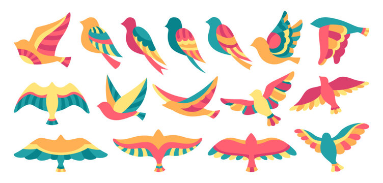 Bird with abstract graphic ornament cartoon set. Hand drawn flat colored modern trendy fowl or sparrow, dove pigeon illustration. Cute colorful various birds comic simple songbirds design element