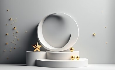 3D Rendering Ramadan Islamic Podium background for Product Display, white gold, luxury Abstract scene background. moon and star ,Product presentation, mock up,  by Ai generative