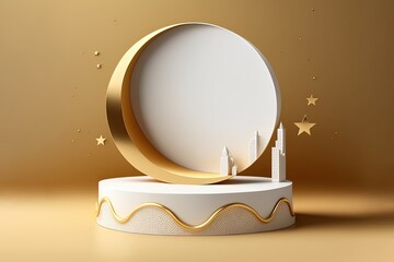 3D Rendering Ramadan Islamic Podium background for Product Display, white gold, luxury Abstract scene background. moon and star ,Product presentation, mock up,  by Ai generative - obrazy, fototapety, plakaty