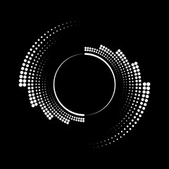 White radial halftone dots and lines in spiral form. Geometric art. Design element for border frame, round logo, tattoo, sign, symbol, badge, emblem, social media, prints, template, pattern, backdrop