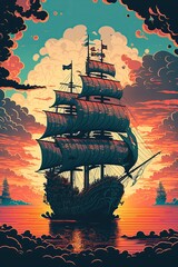 Dramatic Illustration of a Pirate Ship, an Old-Style Vintage Galleon Sailing the Open Sea in a Pop Art, Art Deco Style, a Generative AI Illustration