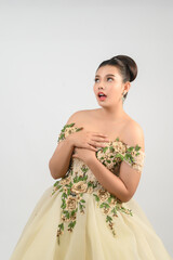 Young asian beautiful bride pose with excited feel on white background