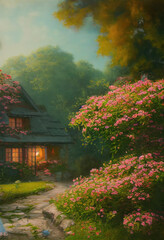 Cottage Garden Home with Pink Flowers Painting Made with Generative AI