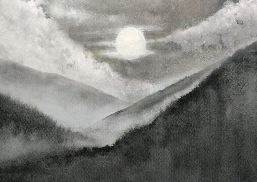 watercolor asian landscape mountains fog and moon. traditional oriental ink asia art style.	