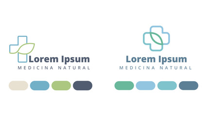 Logos con temática de medicina natural. Logotipo de medicina. Diseño de logos. Plantilla de logos. Paleta de colores naturales. Naturaleza. Logo con figura cruz. Cruz de medicina. Logo con hojas.