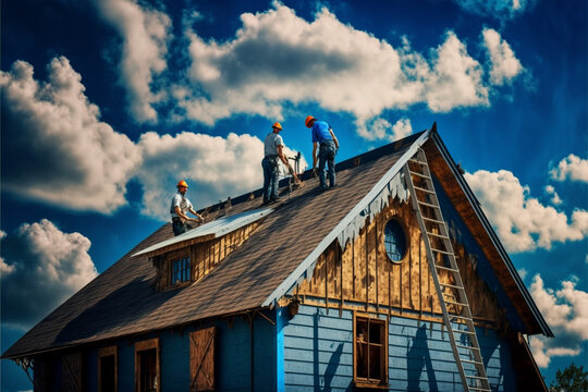construction workers fixing roof against clouds blue sky, install shingles at the top of the house. Renovate, improvement, build home exterior by professional teamwork. Safety and protection