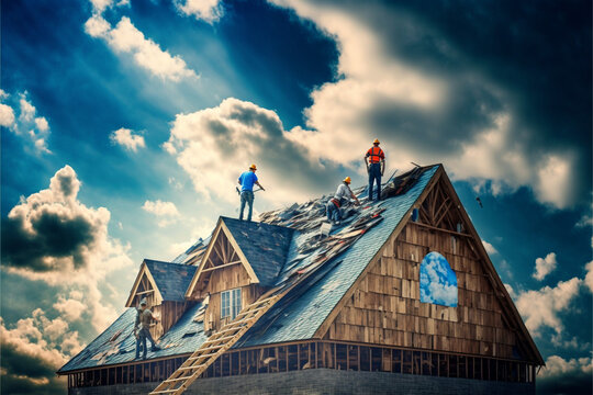 construction workers fixing roof against clouds blue sky, install shingles at the top of the house. Renovate, improvement, build home exterior by professional teamwork. Safety and protection