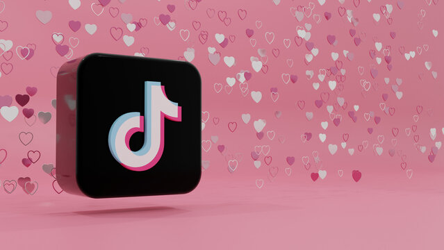 Indonesia - January 2023: 3D rendering of TikTok App icon isolated on a pink gradient background. 3D TikTok Love Heart and App Icon Logo