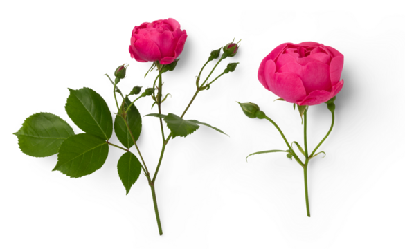 two beautiful pink rose flowers in full bloom and buds isolated over a transparent background, design element for Valentine's Day or fragrance / cosmetics / essential oil themed layouts
