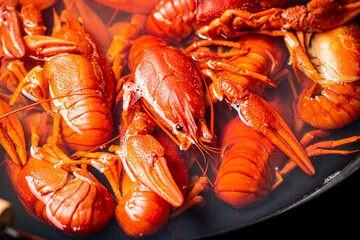 Crayfish are boiled in a pot in water. 