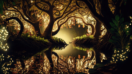  tropical jungle in the night. Generative AI