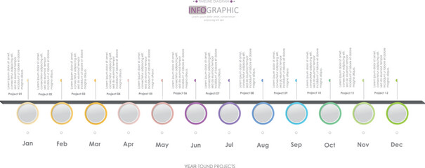 Infographic template for business. 12 Months modern Timeline diagram calendar with circles, presentation vector infographic.