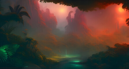 Illustration painting of fantasy tropical jungle environment colorful concept art