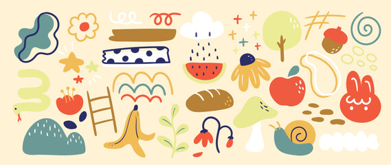 Set of doodle element vector illustration. Hand drawn vibrant color icon collection of abstract shape, banana, ladder, tulip, apple, watermelon, snail. Design for logo, tattoo, sticker, decoration.