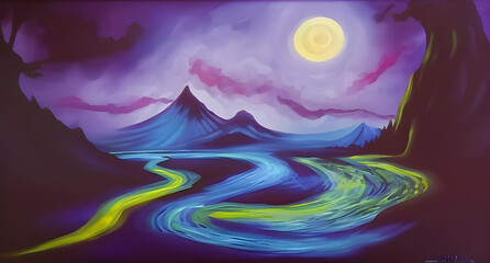 abstract acrylic painting of a mountain landscape in middle of night