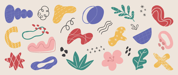 Set of doodle element vector illustration. Hand drawn vibrant color icon collection of abstract organic shapes and lines, scribble, flower, leaf. Design for comic, logo, tattoo, sticker, decoration.