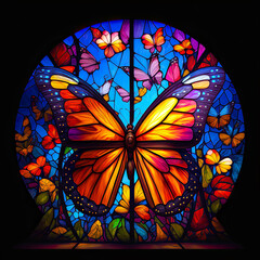 Butterfly, round stained glass window. Generative AI