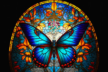 Butterfly, stained glass window. Generative AI