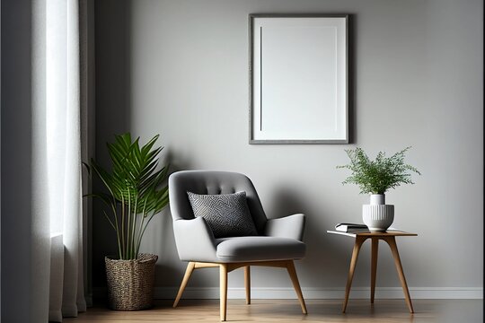 Blank picture frame mockup on gray wall Modern living room
