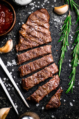 Pieces of delicious grilled steak. 