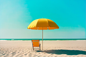 beach landscape with chair and yellow parasol on the sand facing the sea - obrazy, fototapety, plakaty