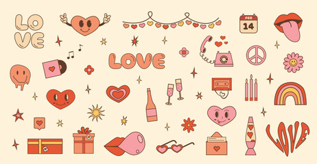 Happy Valentines day. Set of funky groovy hippie graphics. Retro 60s 70s trendy icons in pink and red color. Love and dating concept. Vintage y2k characters and cliparts. Vector illustration isolated.
