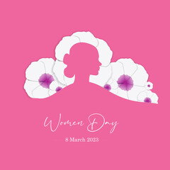 March 8 international women's day, with silhouette elements and pink floral back, for poster, greeting card or feed.vector illustration
