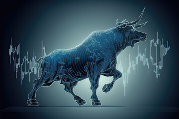 EPS10 Vector illustration of a bullish stock market trend on a blue background, depicting a rising stick chart of investment trading, highlighting potential profitable opportunities for investors