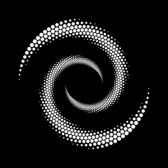 White halftone dotted lines in spiral form. Segmented circle. Helix. Geometric art. Circular shape. Trendy design element for border frame, round logo, tattoo, sign, symbol, web pages, prints