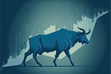 EPS10 Vector illustration of a bullish stock market trend on a blue background, depicting a rising stick chart of investment trading, highlighting potential profitable opportunities for investors
