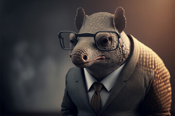 Armadillo business portrait dressed as a manager or ceo in a formal office business suit with glasses and tie. Ai generated