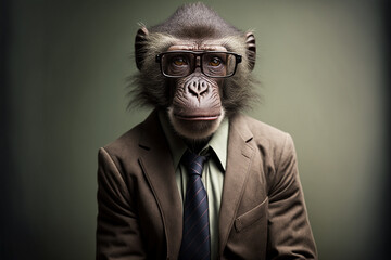 Baboon business portrait dressed as a manager or ceo in a formal office business suit with glasses and tie. Ai generated