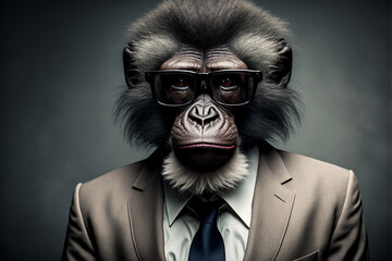 Baboon business portrait dressed as a manager or ceo in a formal office business suit with glasses and tie. Ai generated