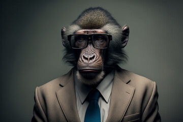 Fototapeta premium Baboon business portrait dressed as a manager or ceo in a formal office business suit with glasses and tie. Ai generated