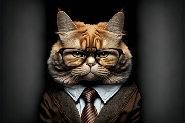Cat business portrait dressed as a manager or ceo in a formal office business suit with glasses and tie. Ai generated