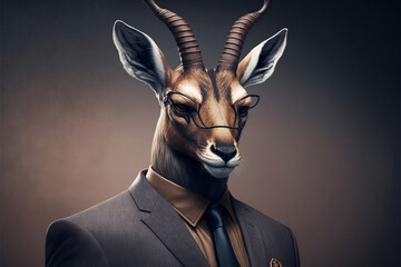 Gazelle business portrait dressed as a manager or ceo in a formal office business suit with glasses and tie. Ai generated