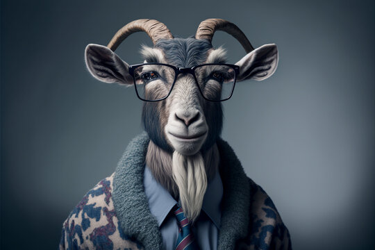 Goat business portrait dressed as a manager or ceo in a formal office business suit with glasses and tie. Ai generated