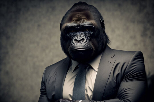 Gorilla business portrait dressed as a manager or ceo in a formal office business suit with glasses and tie. Ai generated