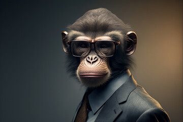 Monkey business portrait dressed as a manager or ceo in a formal office business suit with glasses and tie. Ai generated