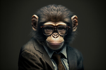 Monkey business portrait dressed as a manager or ceo in a formal office business suit with glasses and tie. Ai generated