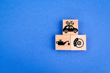 wooden box with oil service icon and car break. car service concept