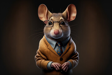 Mouse business portrait dressed as a manager or ceo in a formal office business suit with glasses and tie. Ai generated