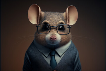 Mouse business portrait dressed as a manager or ceo in a formal office business suit with glasses and tie. Ai generated
