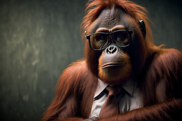 Orangutan business portrait dressed as a manager or ceo in a formal office business suit with glasses and tie. Ai generated
