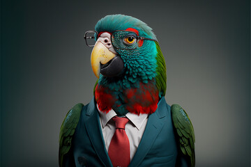 Parrot business portrait dressed as a manager or ceo in a formal office business suit with glasses and tie. Ai generated