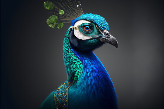 Peacock business portrait dressed as a manager or ceo in a formal office business suit with glasses and tie. Ai generated