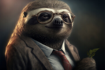 Sloth business portrait dressed as a manager or ceo in a formal office business suit with glasses and tie. Ai generated