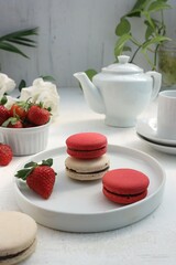macarons in red and white on a teapot background
