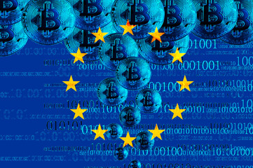 Physical version holding bitcoins and EU flag. Conceptual image of cryptocurrency and blockchain technology in Russia. Double exposure creative bitcoin symbol hologram.  