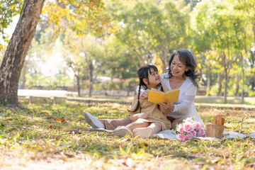 Happy Asian grandmother telling story, reading fairly tales to her adorable granddaughter while picnicking in the beautiful park on the weekend together.